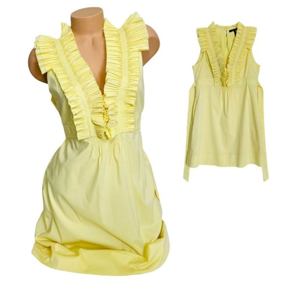 BCBG Maxazria Women's MEDIUM Yellow Tiered Halter Dress Raw Hem W/ Pockets EUC